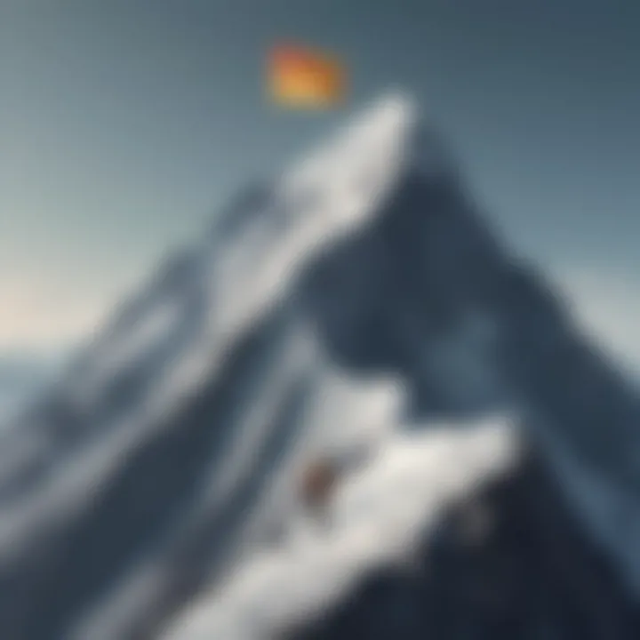 Person climbing a mountain with a flag at the summit