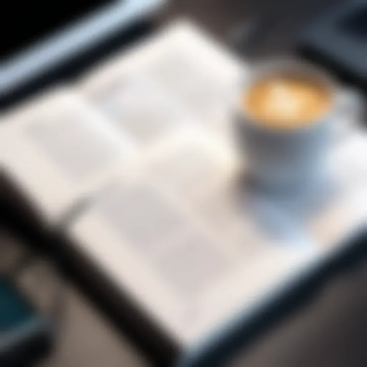 An open book with highlighted text and a coffee cup beside it