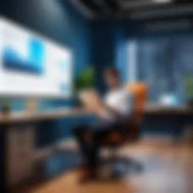 Entrepreneur reading ebook in modern office setting