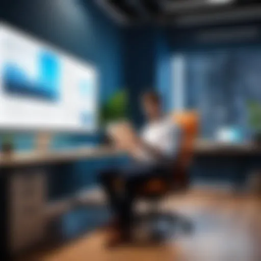 Entrepreneur reading ebook in modern office setting