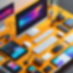 A vibrant graphic design workspace showcasing various tools and software.