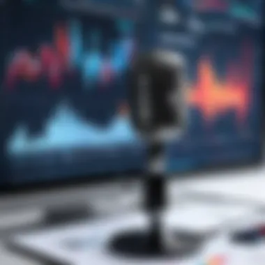 Microphone surrounded by market charts