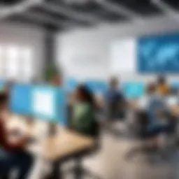 A modern classroom setting with students engaged in online learning