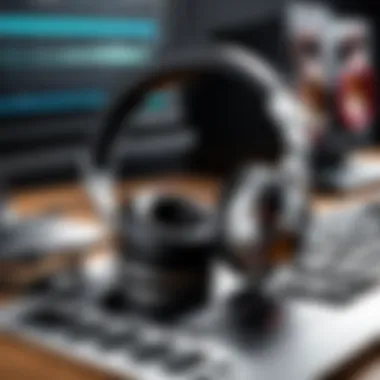 An image of headphones placed next to audio editing software on a desk