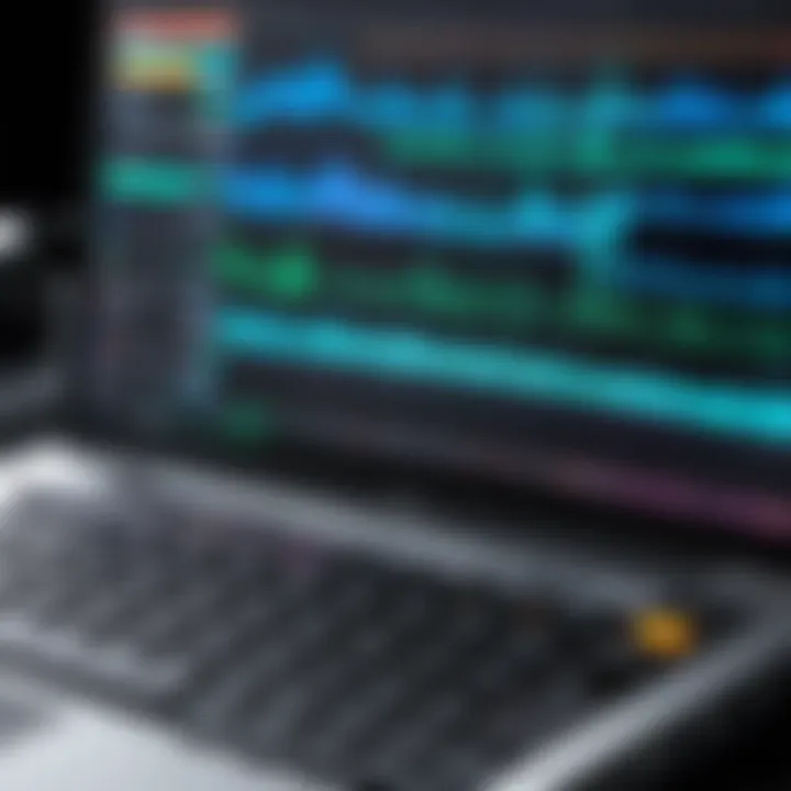 A close-up of a computer screen displaying music editing software with waveforms and tools