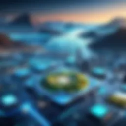A futuristic digital landscape showcasing various technology applications.