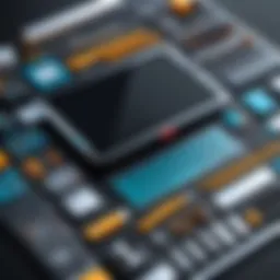 An intricate UI design toolkit display showcasing various tools and components.